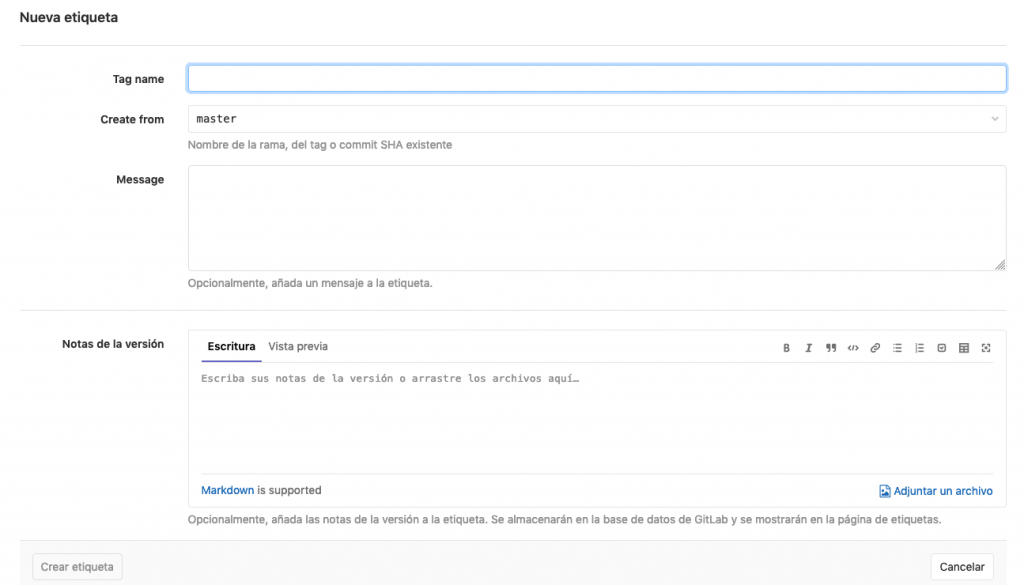 Nueva etiqueta gitlab