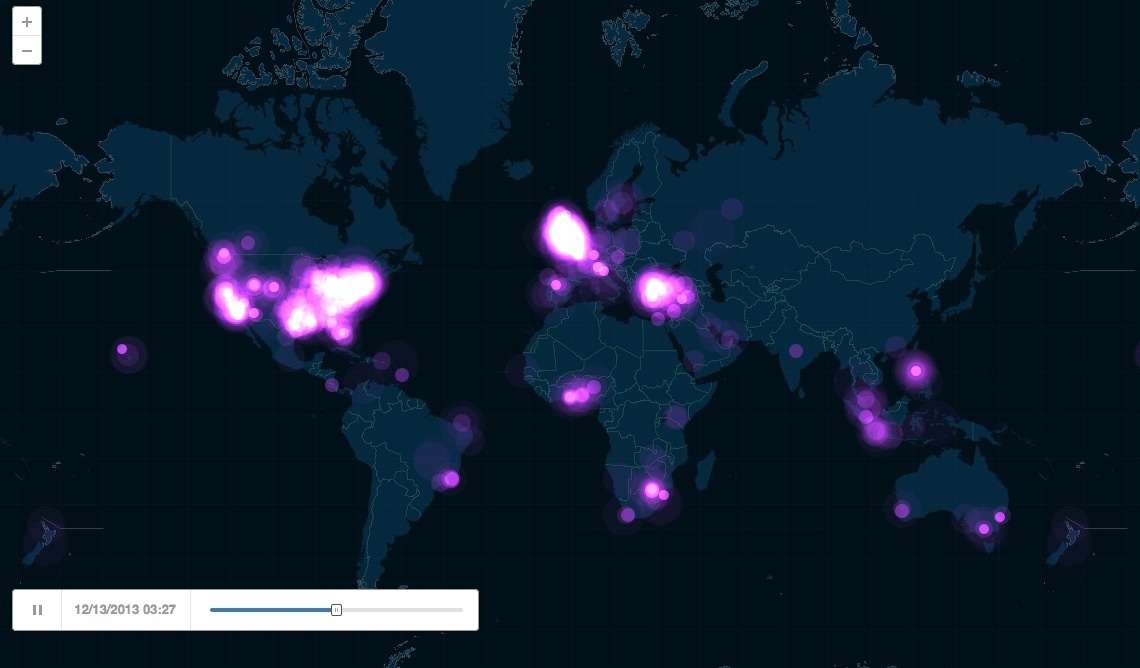 Visualización sobre la reacción gente a nivel mundial frente al lanzamiento del nuevo álbum de Beyoncé en base a datos de Twitter .
