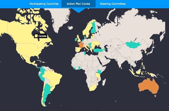 Mapa de los paises que han iniciado sus planes de acción para que sus gobiernos sean más abiertos, responsables y sensibles a las necesidades de los ciudadanos. Fuente: http://www.opengovpartnership.org